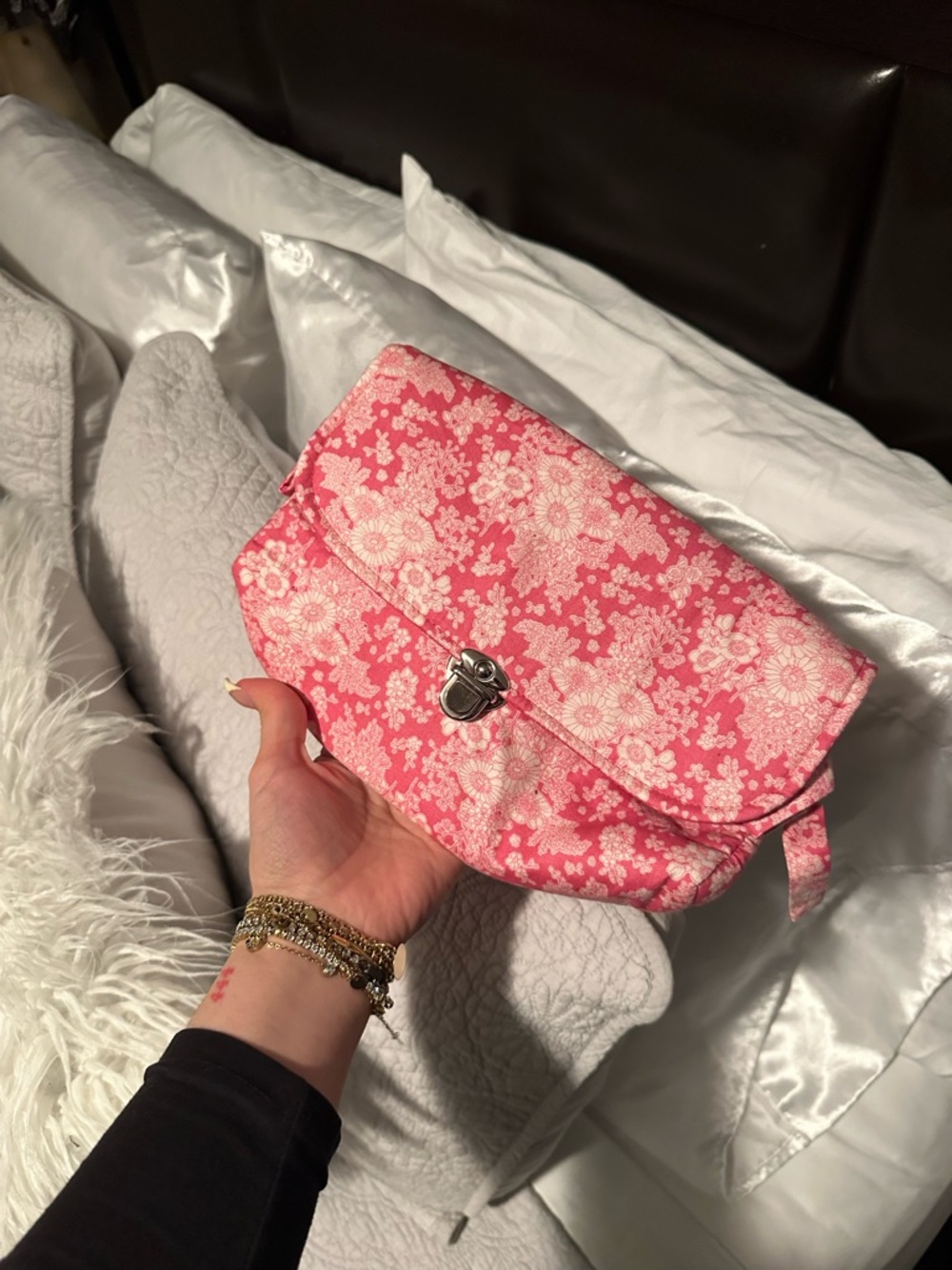 Women's Pink Floral Soft Clutch Pouch Purse Bag Cosmetic Case